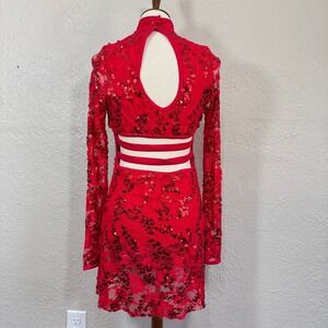 Balera Dance Costume Streak Lace Dress Adult L Red Sequin Sheer D10125 Weissman